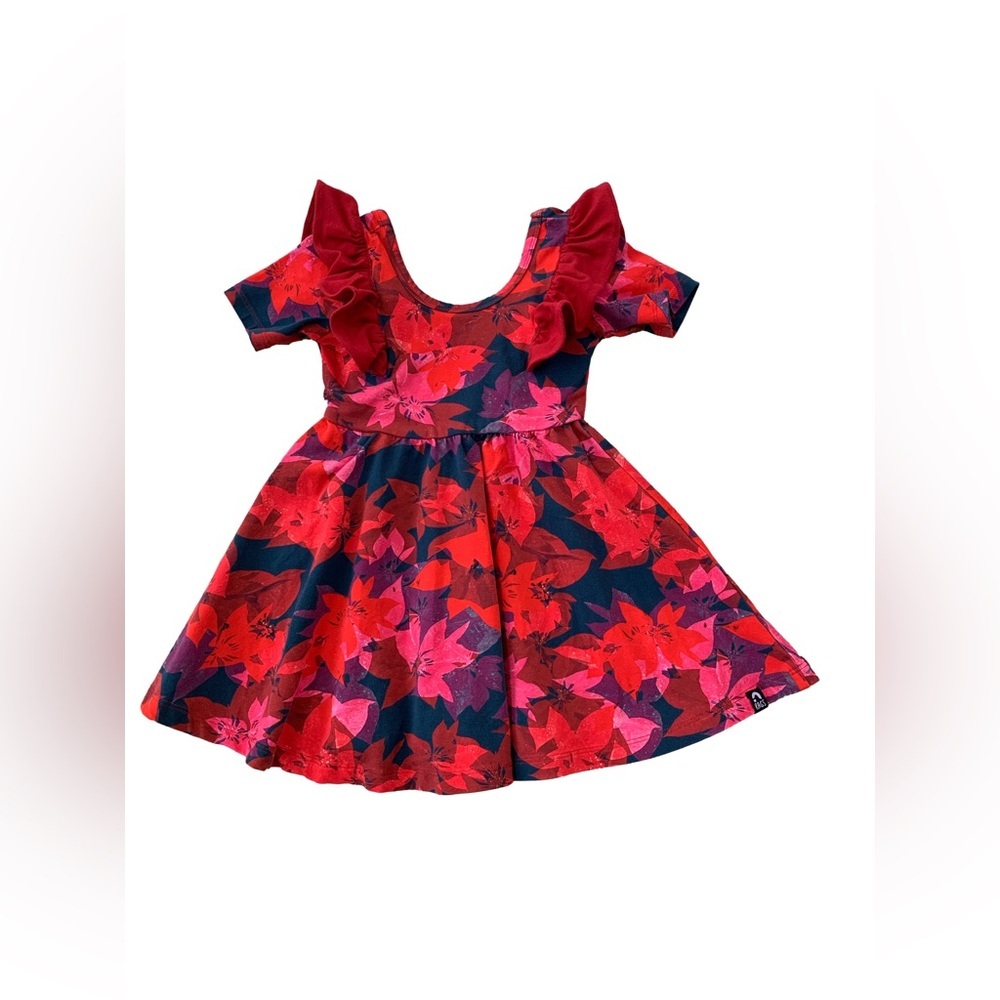 Rags Size 2T Red Pink Poinsettia Flower Print Ruffle Twirl Dress